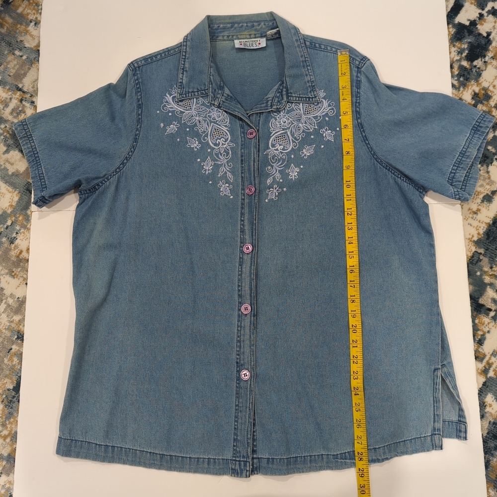 Main Street Blues Blue Denim Shortsleeve Button-Up Shirt Embroidered Women's 20W - Picture 13 of 15